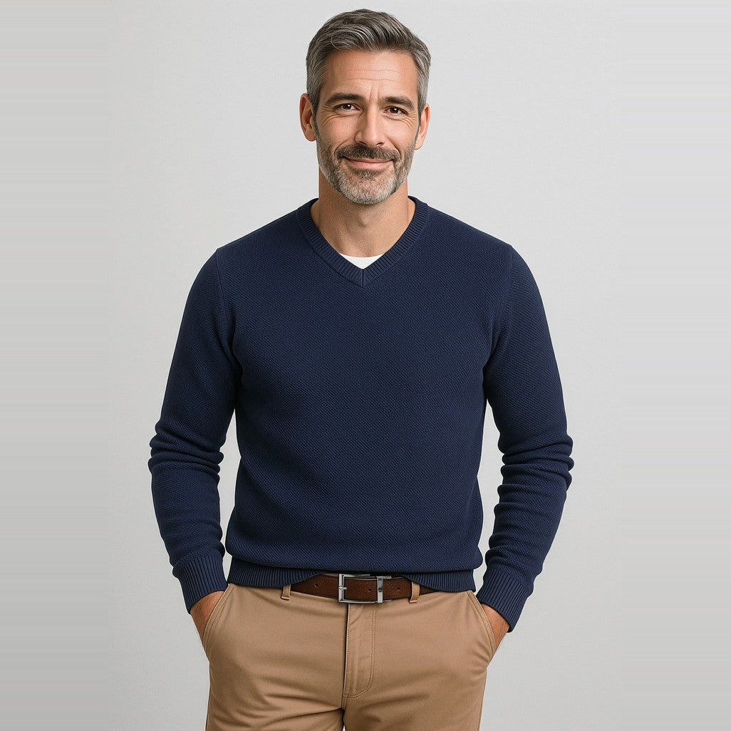 Biz Corporates Osaka Mens Pineapple Knit Jumper RJP266M in Navy, worn by model