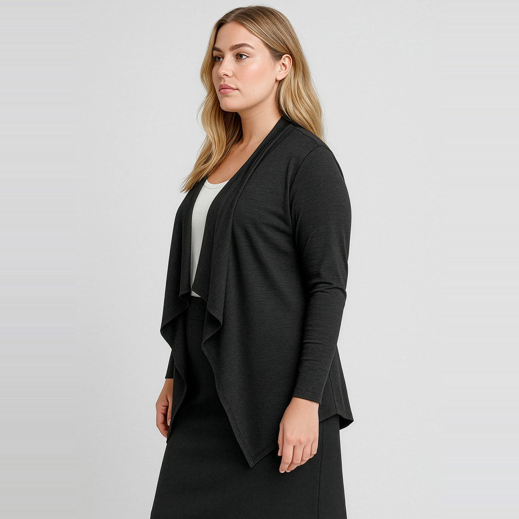 Biz Corporates Sofia Womens Waterfall Cardigan RLC267L in Black, worn by model, view 2