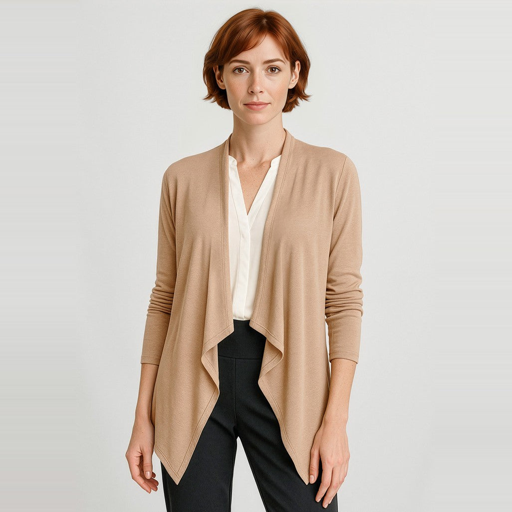 Biz Corporates Sofia Womens Waterfall Cardigan RLC267L in Camel, worn by model