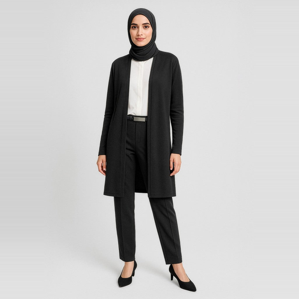 Biz Corporates Chelsea Womens Longline Cardigan RLC970L in Black, worn by model, view 2