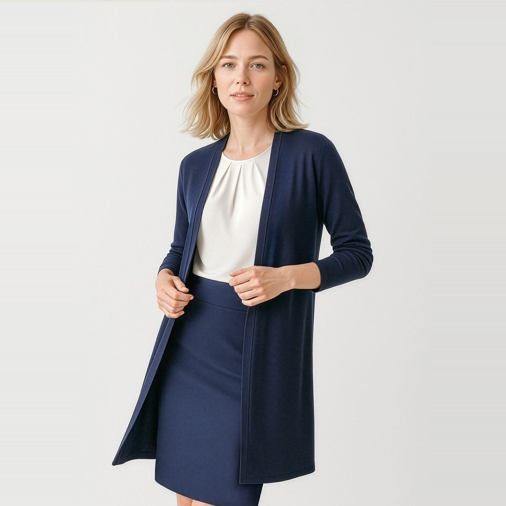Biz Corporates Chelsea Womens Longline Cardigan RLC970L in Navy, worn by model
