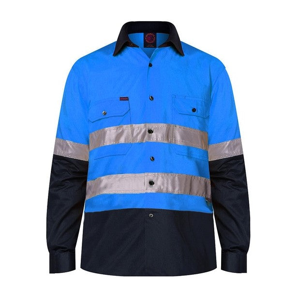 Ritemate 2 Tone Open Front Shirt L/S 50MM Reflective Tape RM1050R in Blue/Navy