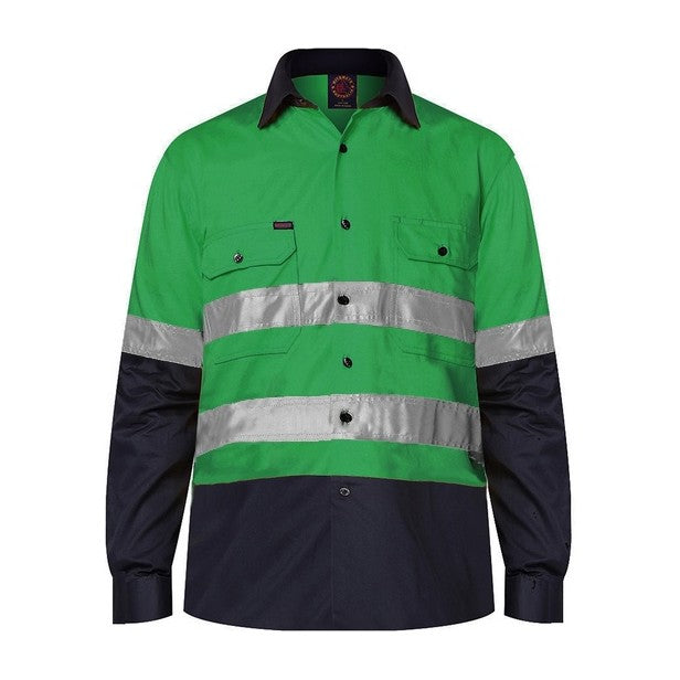 Ritemate 2 Tone Open Front Shirt L/S 50MM Reflective Tape RM1050R in Emerald/Navy