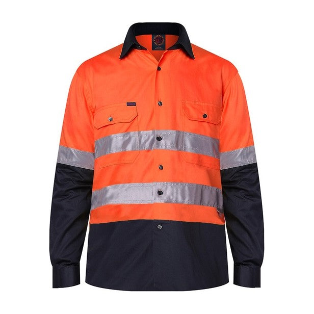 Ritemate 2 Tone Open Front Shirt L/S 50MM Reflective Tape RM1050R in Orange/Navy