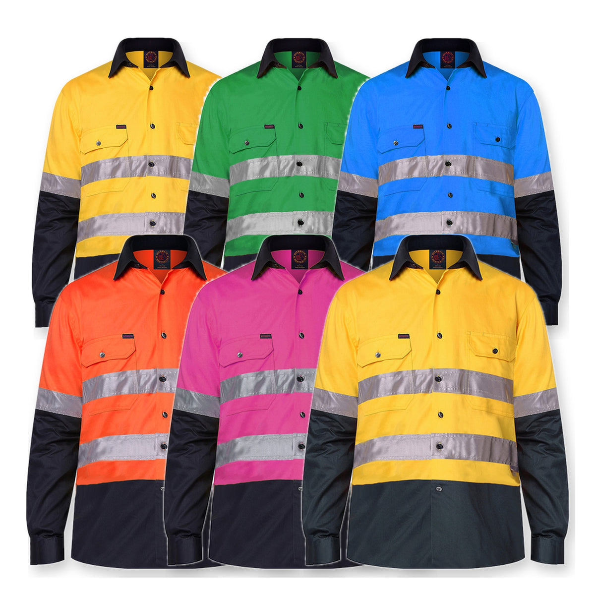 Ritemate 2 Tone Open Front Shirt L/S 50MM Reflective Tape RM1050R in 6 colours: Yellow/Navy, Emerald/Navy, Blue/Navy, Orange/Navy, Pink/Navy, Yellow/Bottle