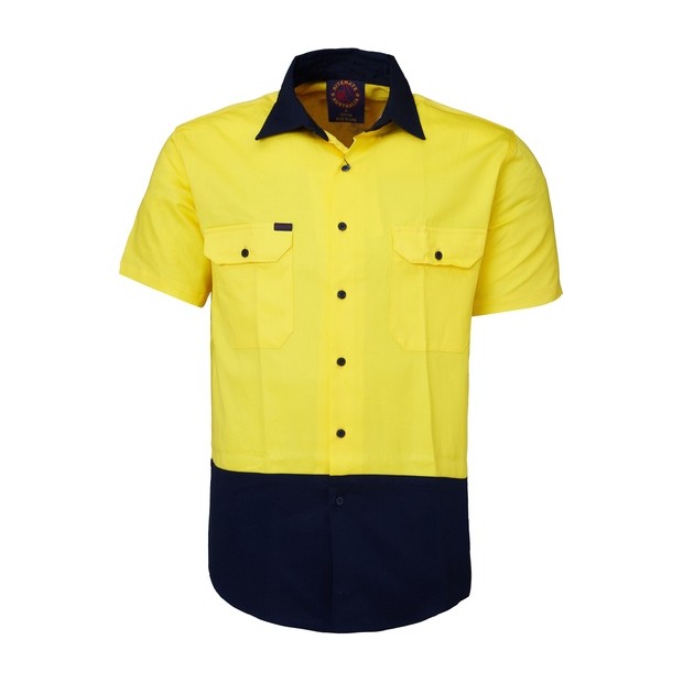 Ritemate 2 Tone Open Front S/S Shirt RM1050S in Yellow/Navy