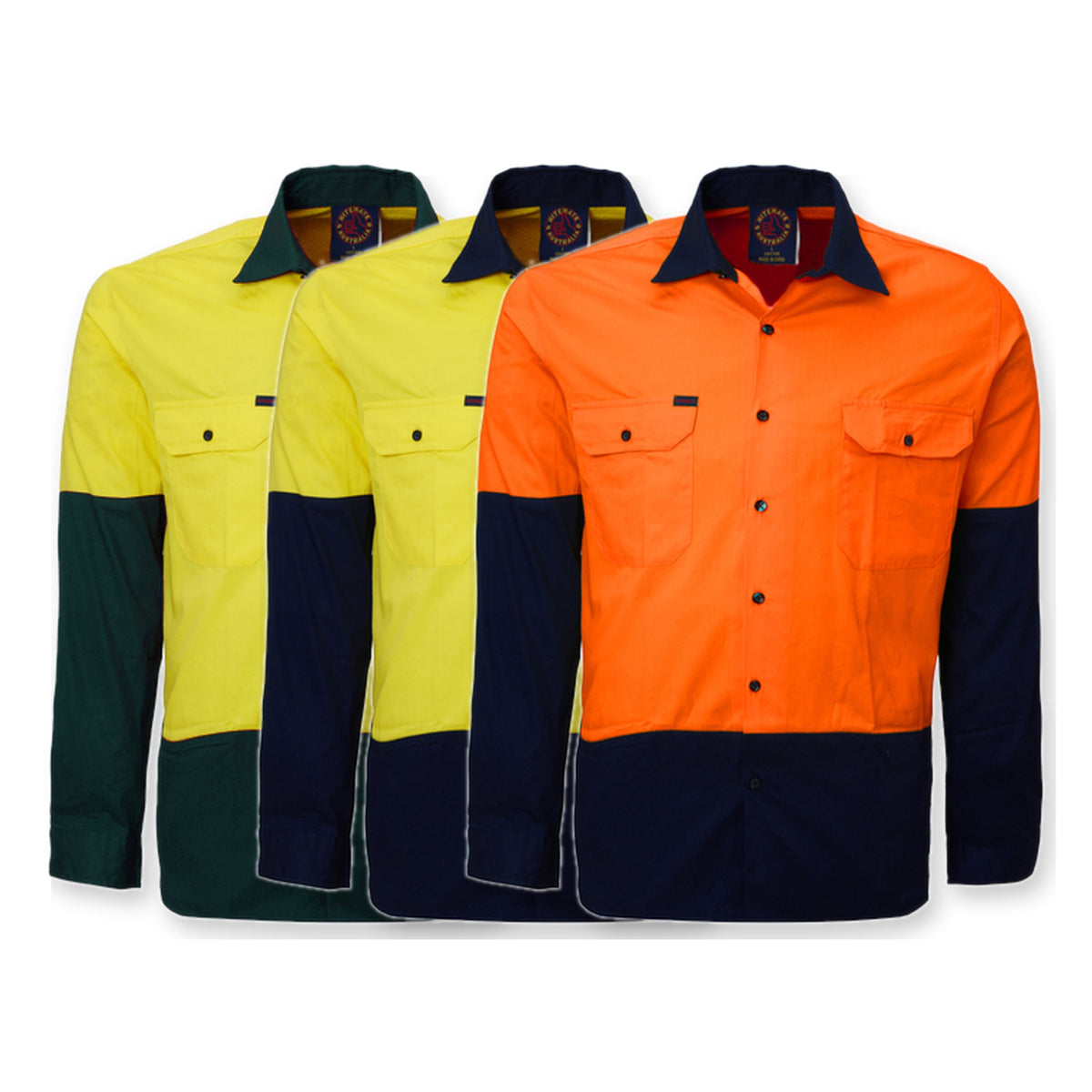 Ritemate Open Front 2 Tone L/S Shirt RM1050 in 3 colours: Yellow/Bottle, Yellow/Navy, Orange/Navy