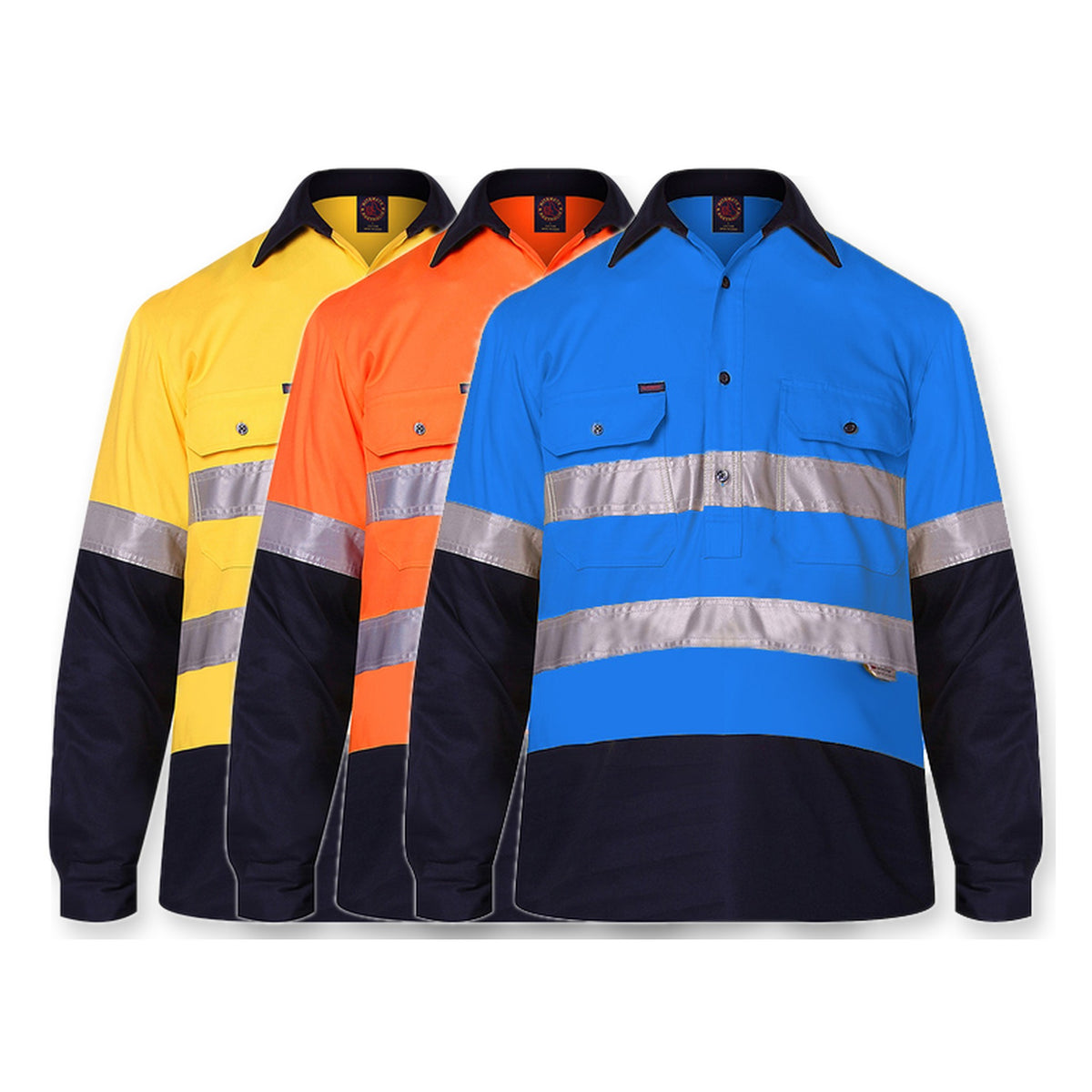 Ritemate Closed Front Long Sleeve Shirt 2 Tone 50mm Reflective Tape in 3 colours: Yellow/Navy, Orange/Navy, Blue/Navy