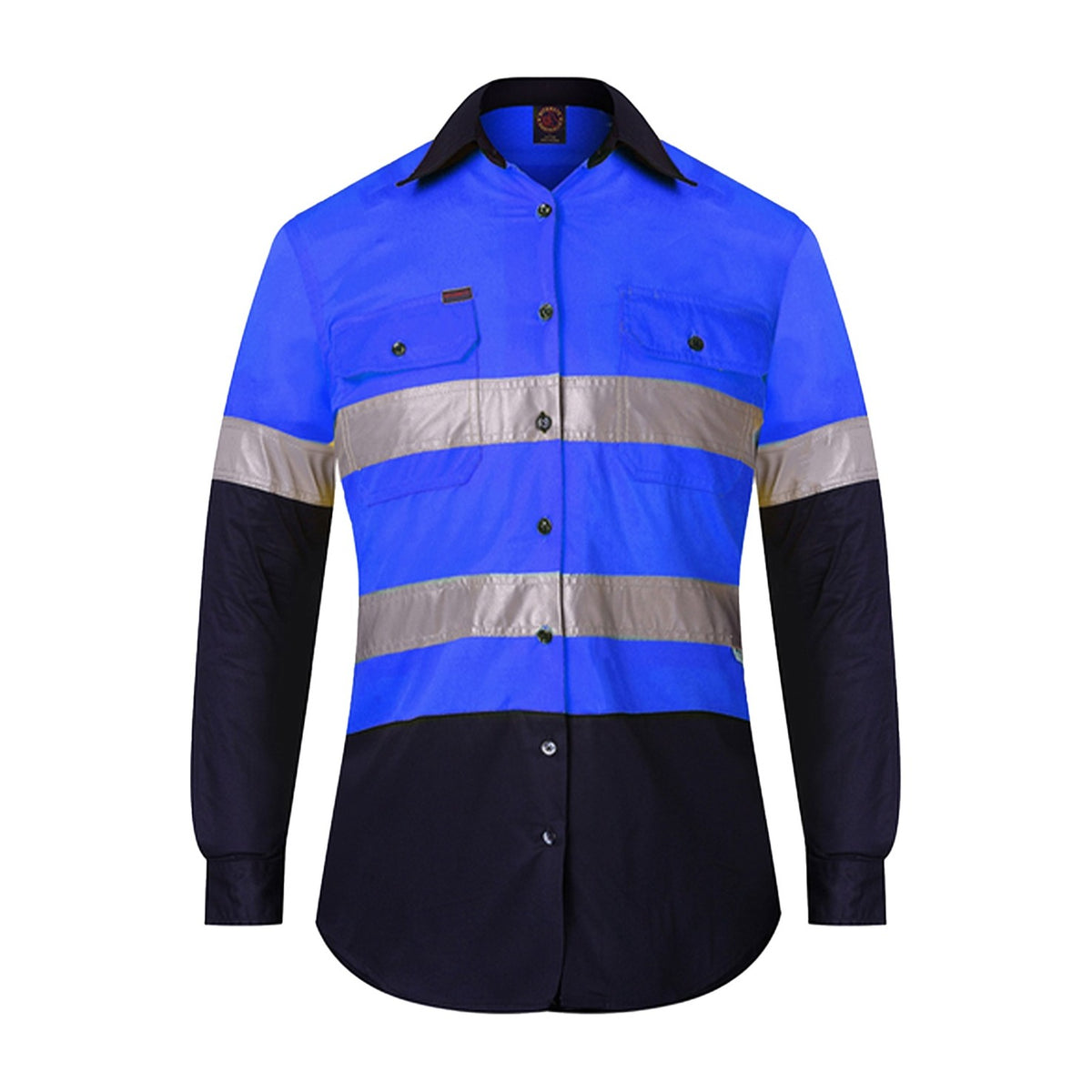 Ritemate Womens 2 Tone Vented Open Front L/W L/S Shirt 50MM Reflective Tape RM208V2R in Blue/Navy