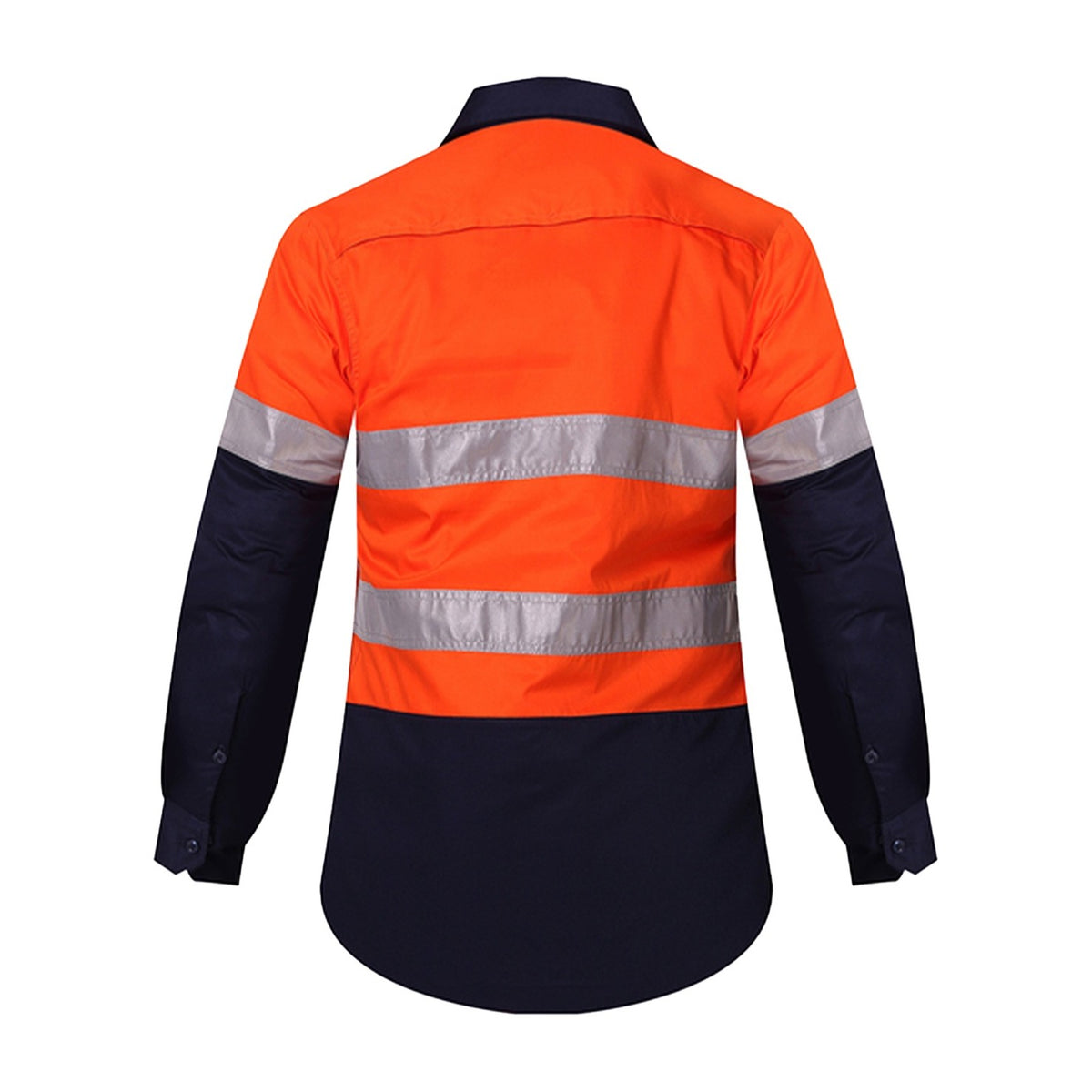 Ritemate Womens 2 Tone Vented Open Front L/W L/S Shirt 50MM Reflective Tape RM208V2R in Orange/Navy, back view
