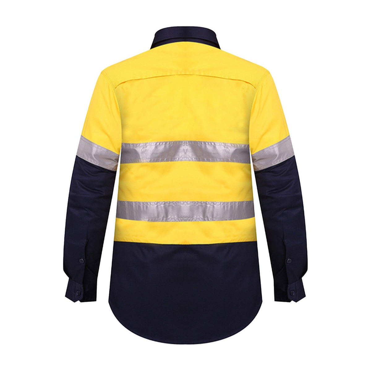 Ritemate Womens 2 Tone Vented Open Front L/W L/S Shirt 50MM Reflective Tape RM208V2R in Yellow/Navy, back view
