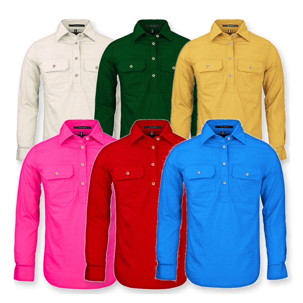 Pilbara Womens Closed Front Long Sleeve Shirt RM300CF in 6 colours: Stone, Green, Yellowstone, Fuschia, Red, Light Blue
