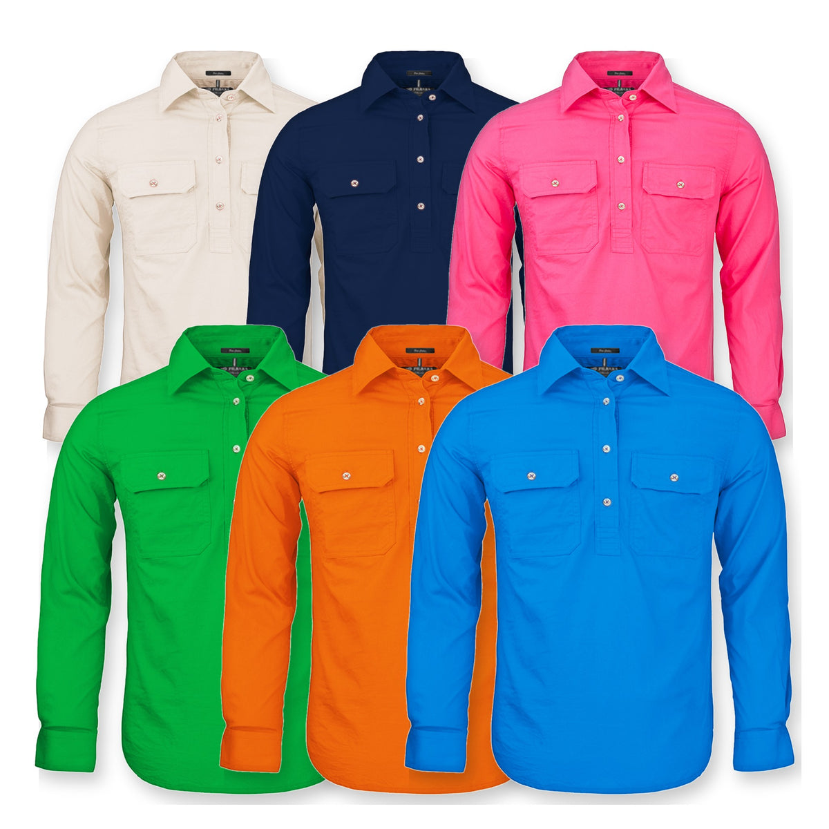 Pilbara Kids Closed Front Long Sleeve Shirt RM400CF in 6 colours: Stone, French Navy, Hot Pink, Emerald, Tangerine, Light Blue