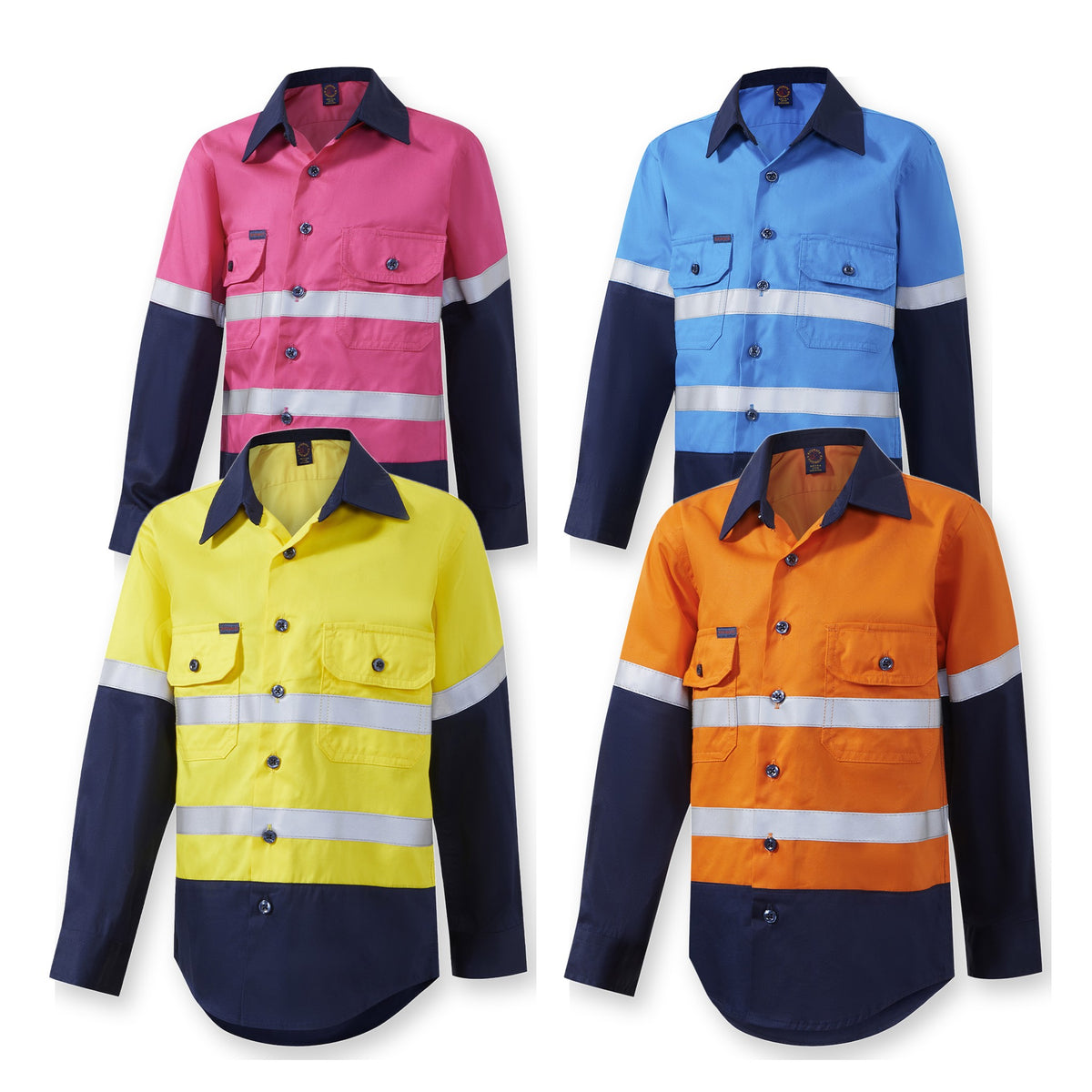 Ritemate Kids 2 Tone Open Front Shirt with Tape in 4 colours: Pink/Navy, Blue/Navy, Yellow/Navy, Orange/Navy