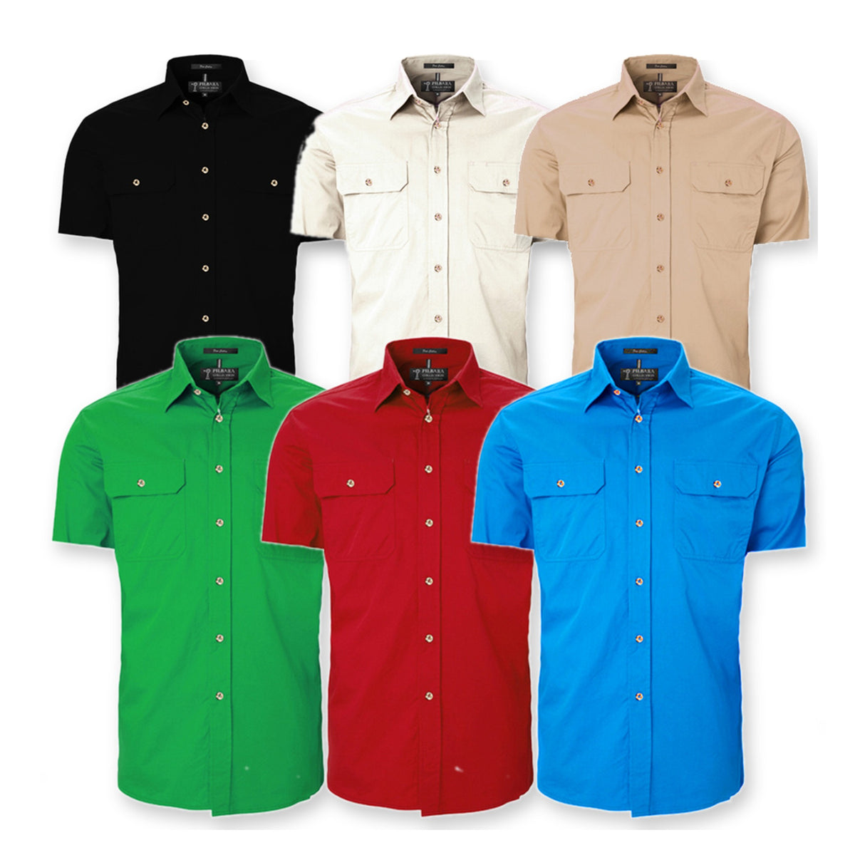 Pilbara Mens Open Front Short Sleeve Shirt RM500BTS in 6 colours: Black, Stone, Clay, Emerald, Red, Light Blue