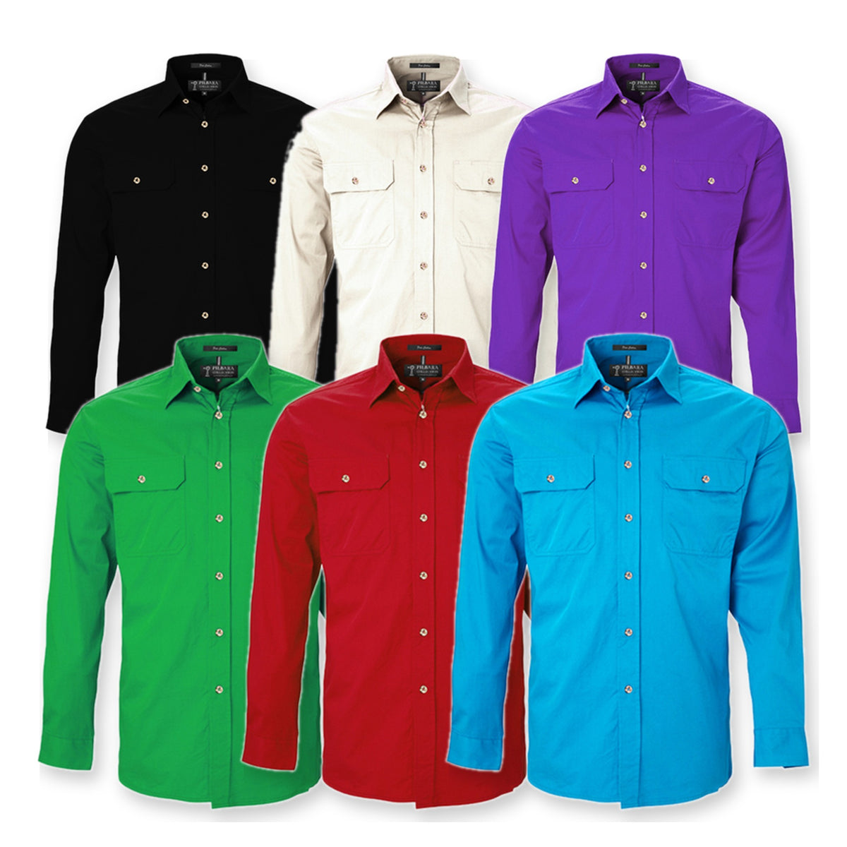 Pilbara Mens Open Front Long Sleeve Shirt RM500BT in 6 colours: Black, Stone, Purple, Emerald, Red, Azure
