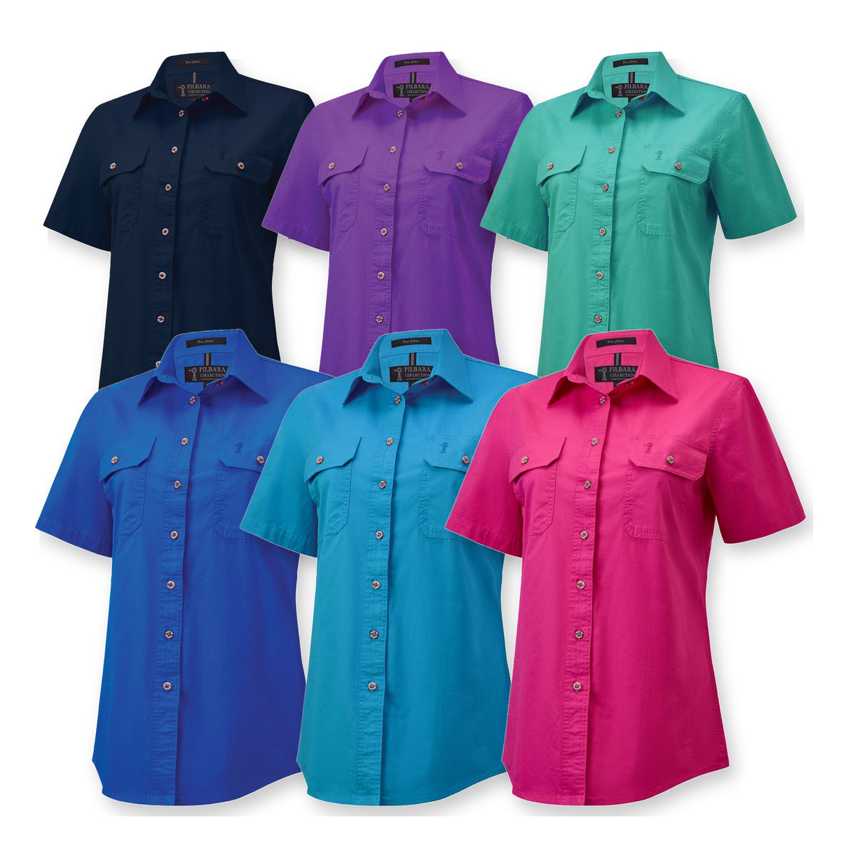 Pilbara Womens Open Front Short Sleeve Shirt RM600BTS in 6 colours: French Navy, Purple, Jade, Cobalt Blue, Azure, Hot Pink