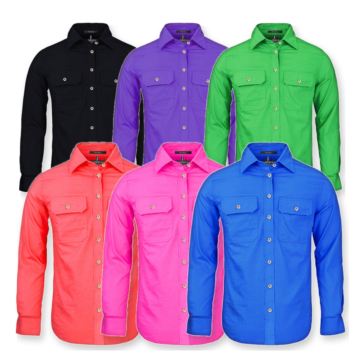 Pilbara Womens Open Front Long Sleeve Shirt RM600BT in 6 colours: Black, Purple, Emerald, Watermelon, Fuschia, Cobalt Blue