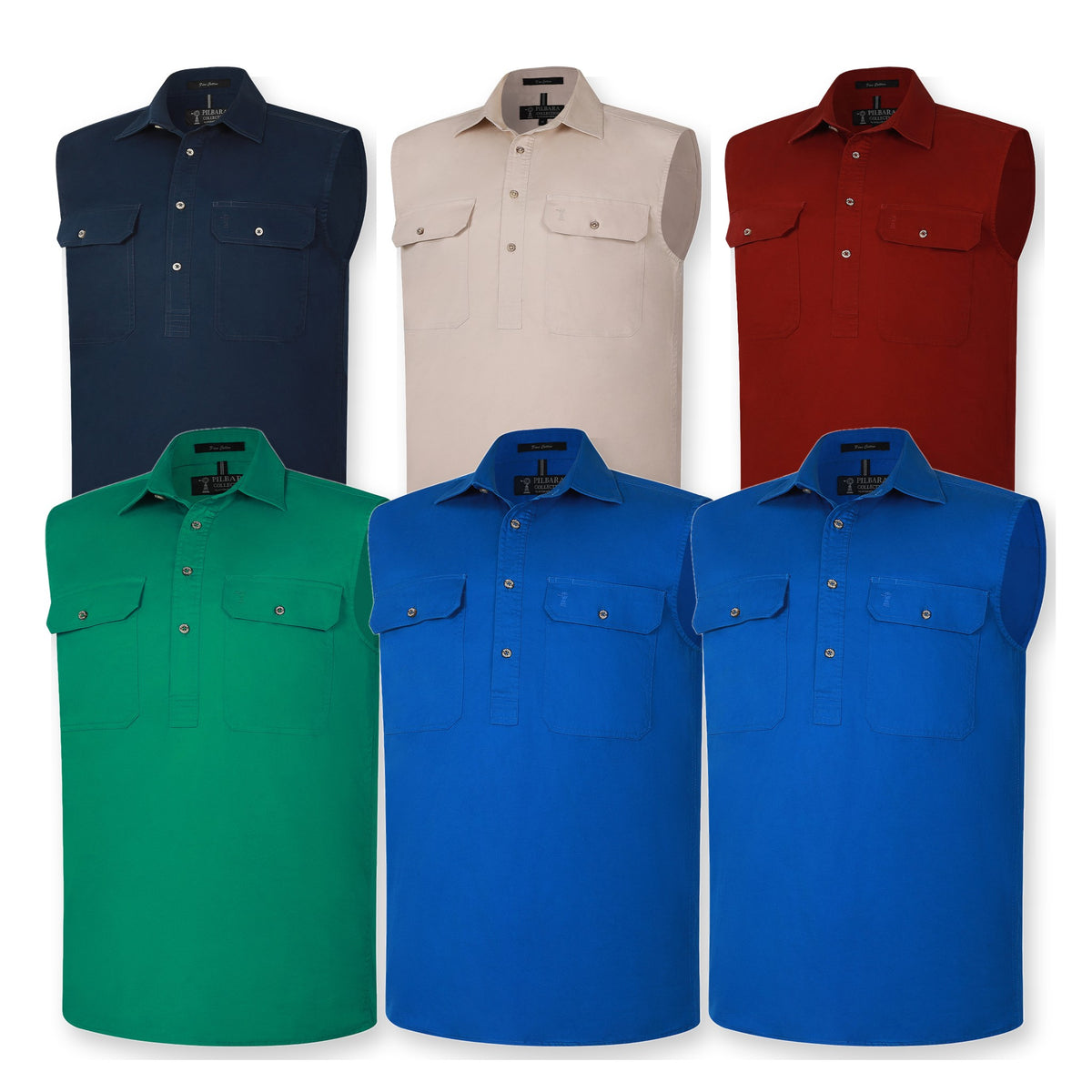 Pilbara Mens Closed Front Sleeveless Shirt RM700CF in 6 colours: French Navy, Stone, Ochre, Kelly Green, Cobalt Blue, Black
