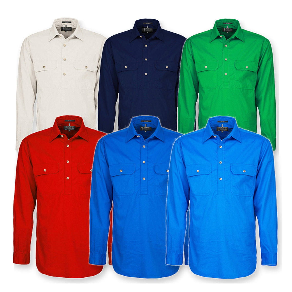 Pilbara Mens Heavy Weight Closed Front Long Sleeve Shirt RM800CF in 6 colours: Stone, French Navy, Emerald, Red, Cobalt Blue, Light Blue