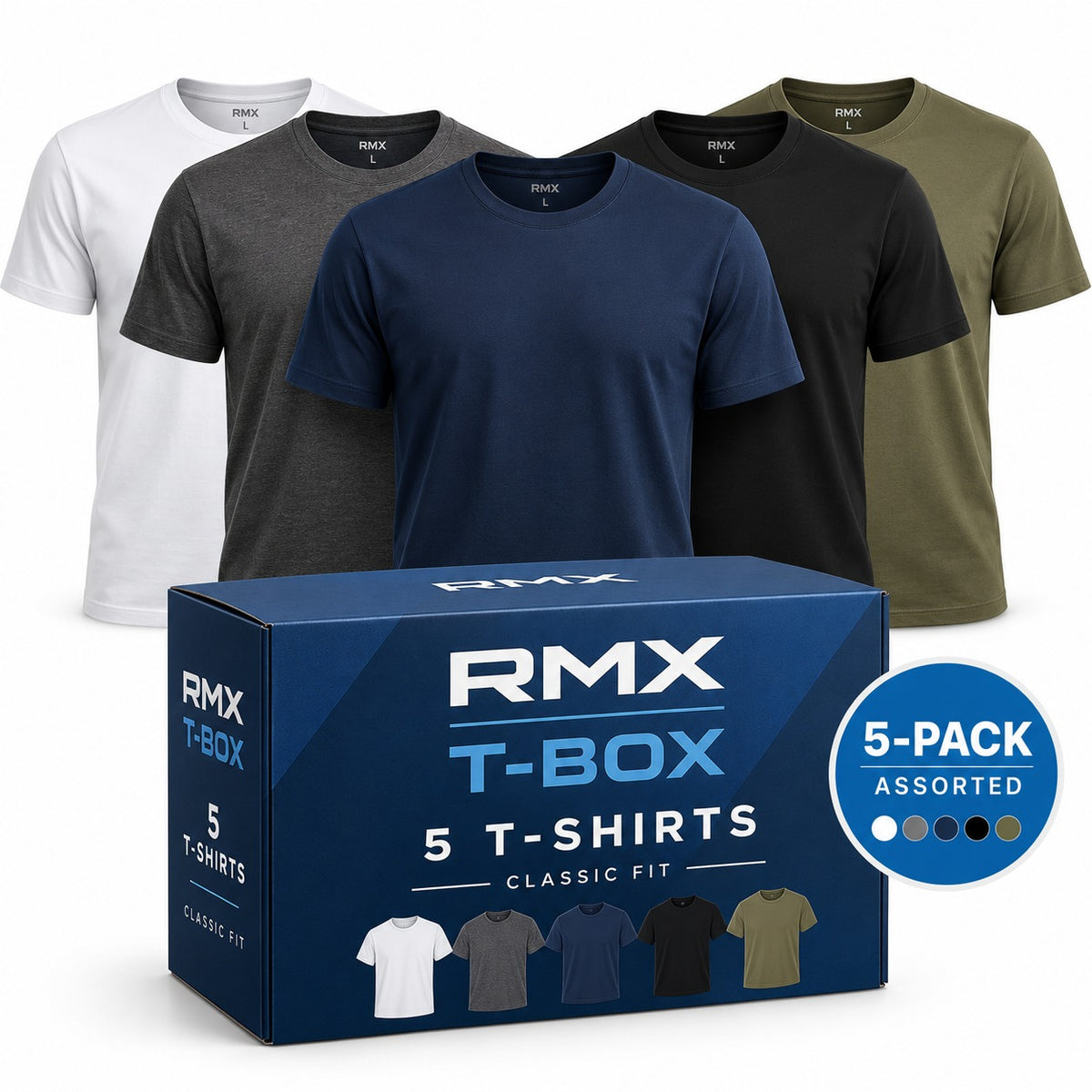 RMX Mens Classic Tee Box 5-Pack RMX014: box of five tees in White, Charcoal, Navy, Black and Olive