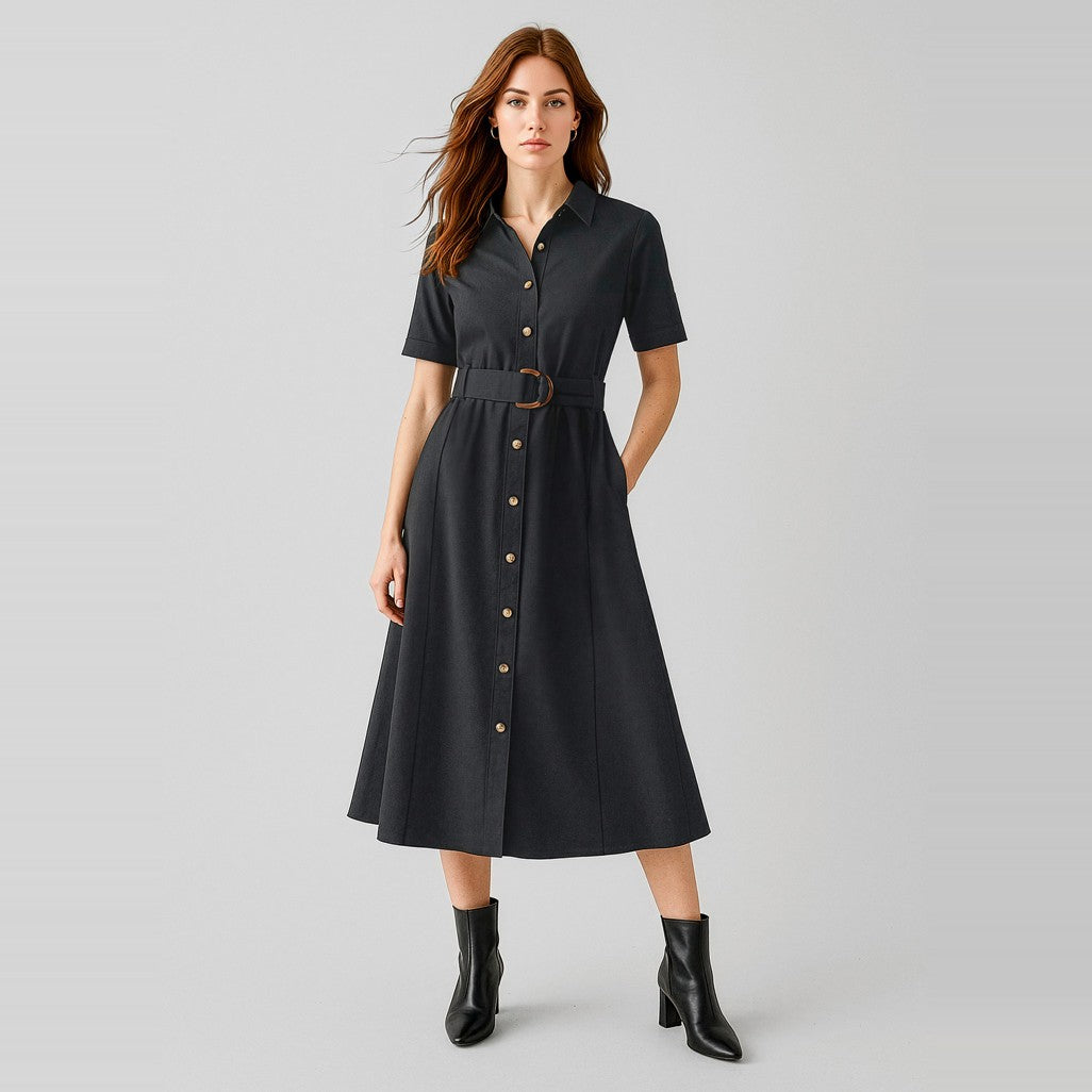 Biz Corporates Adele Womens Midi Dress RO571LS in Black, worn by model