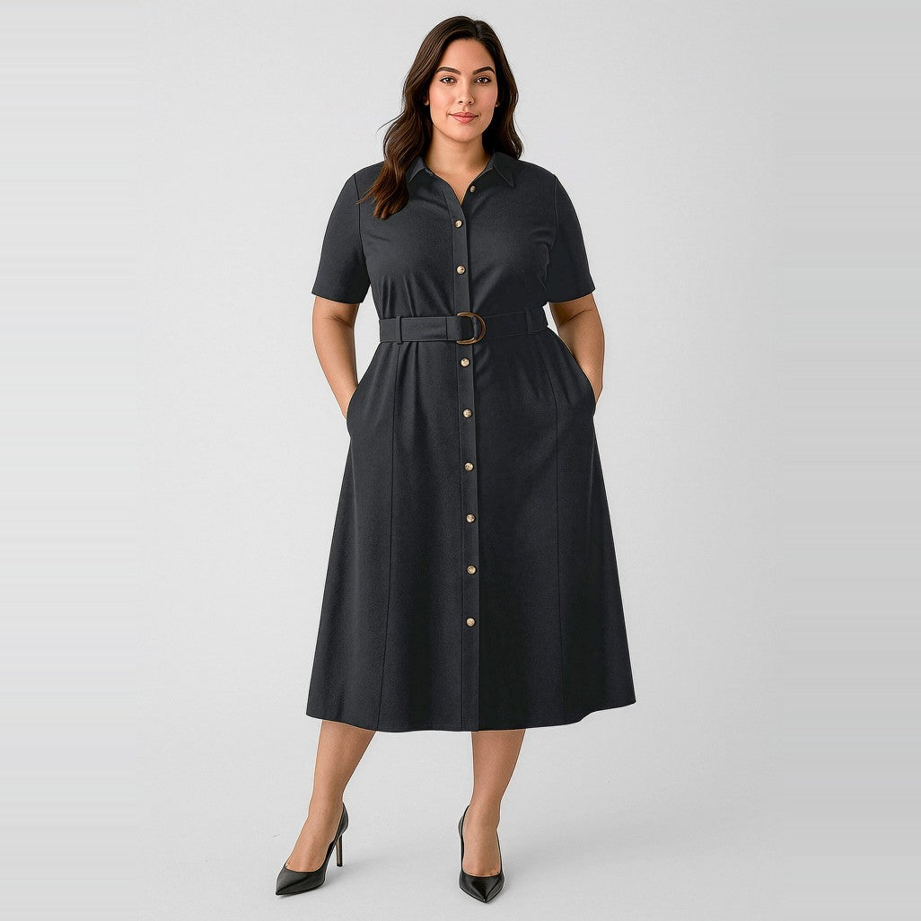 Biz Corporates Adele Womens Midi Dress RO571LS in Black, worn by model, view 2