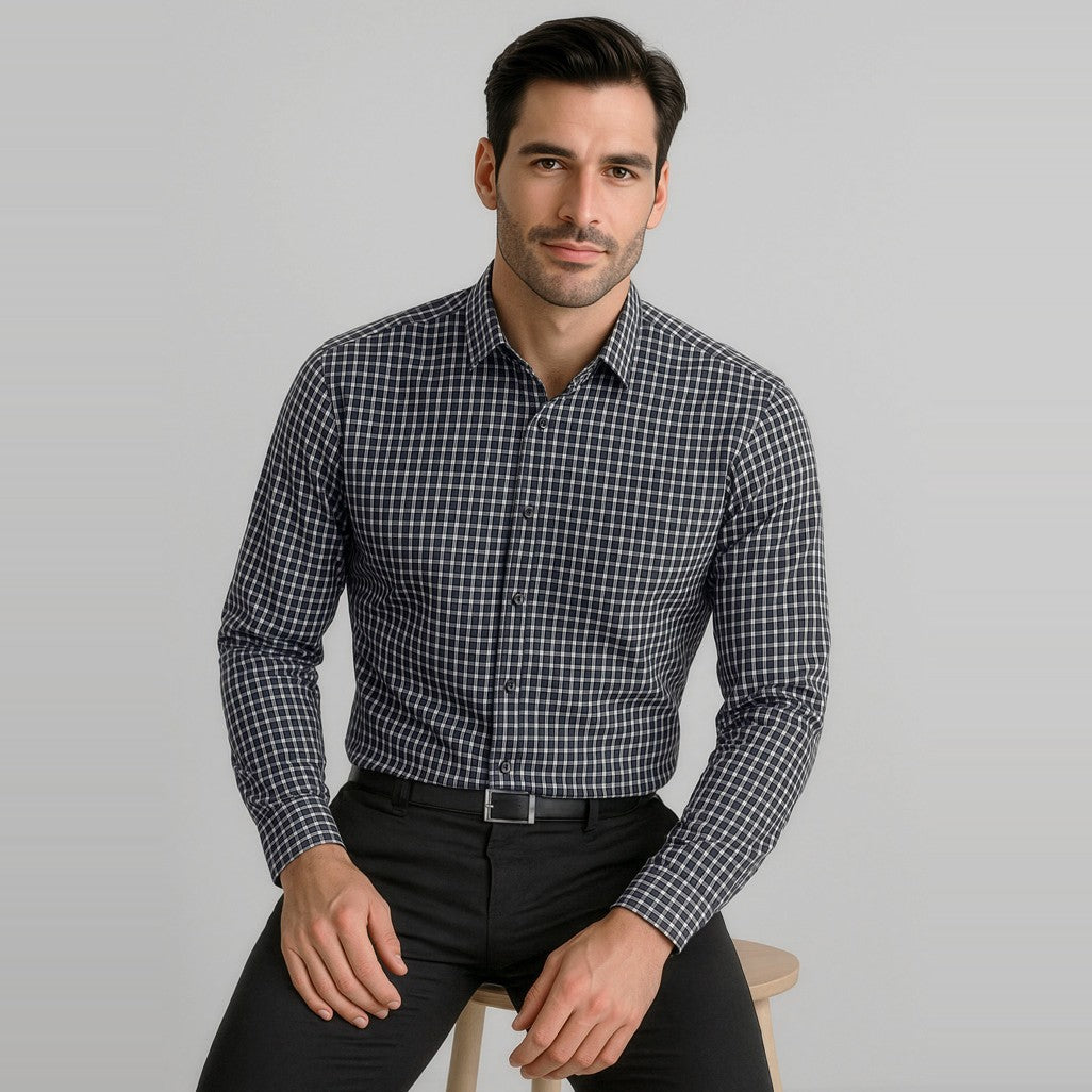 Biz Corporates Noah Mens Long Sleeve Shirt RS070ML in Black/White, worn by model