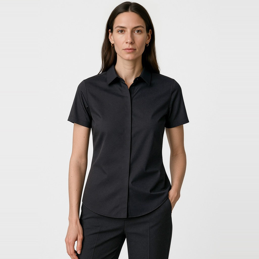 Biz Corporates Charlie Womens Short Sleeve Shirt RS968LS in Black, worn by model