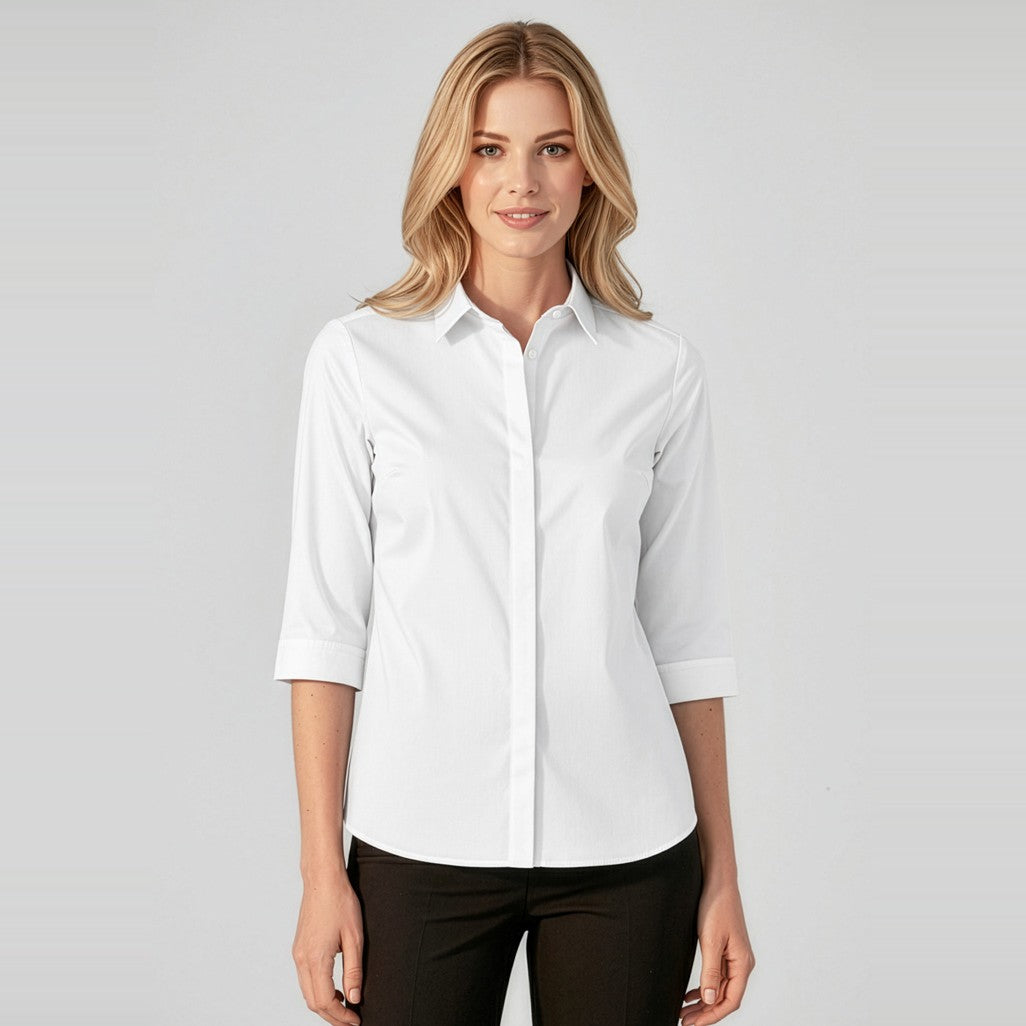 Biz Corporates Charlie Womens 3/4 Sleeve Shirt RS968LT in White, worn by model