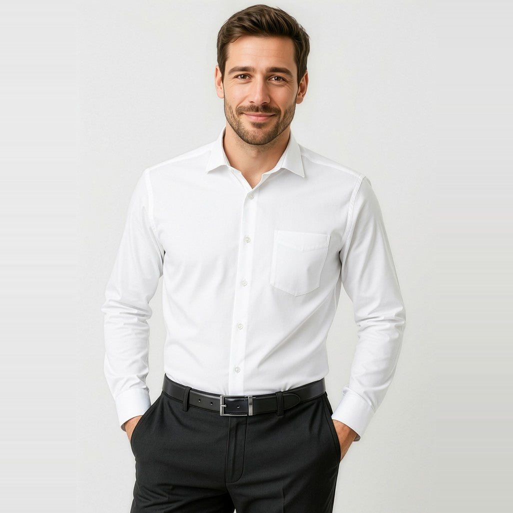 Biz Corporates Charlie Mens Classic Fit Long Sleeve Shirt RS968ML in White, worn by model