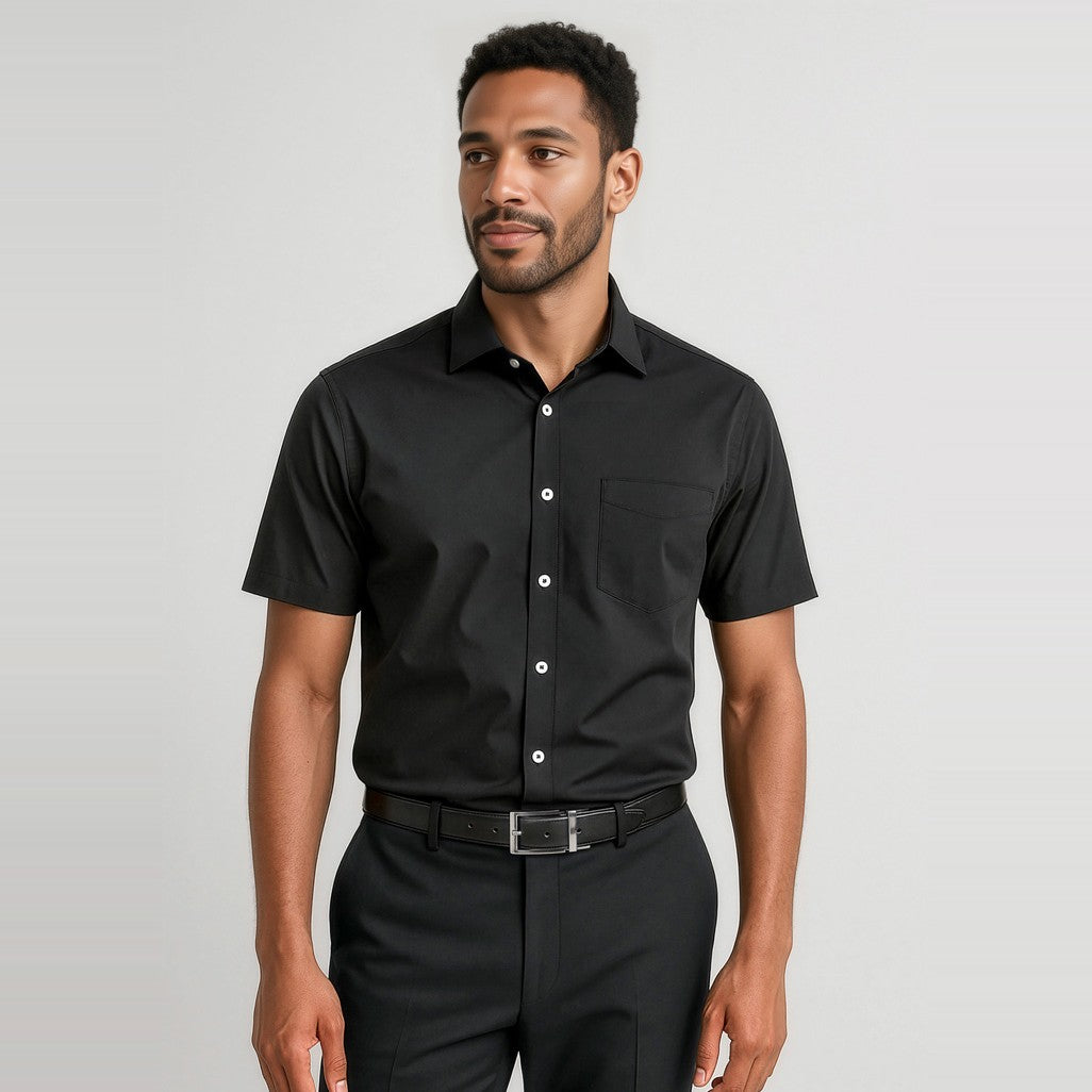 Biz Corporates Charlie Mens Classic Fit Short Sleeve Shirt RS968MS in Black, worn by model