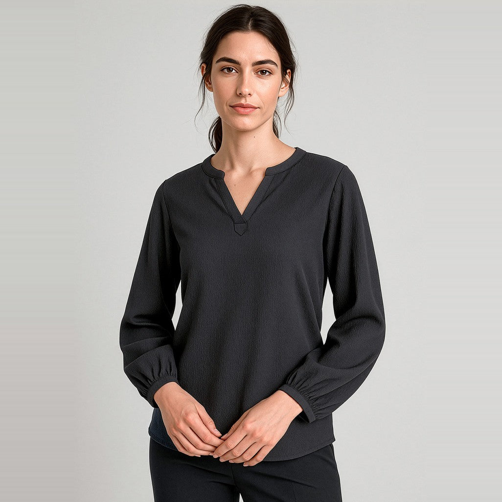 Biz Corporates Ruché Womens Long Sleeve Shirt RU568LL in Black, worn by model