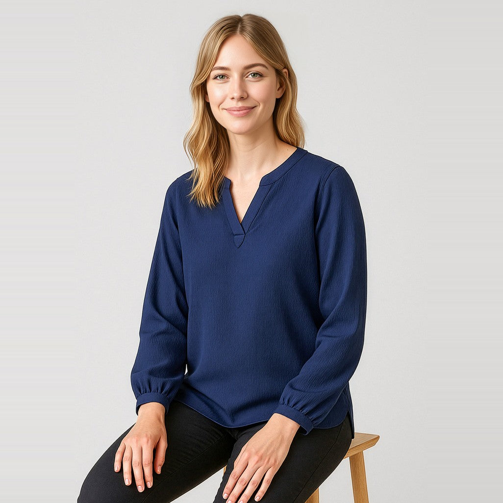 Biz Corporates Ruché Womens Long Sleeve Shirt RU568LL in Navy, worn by model