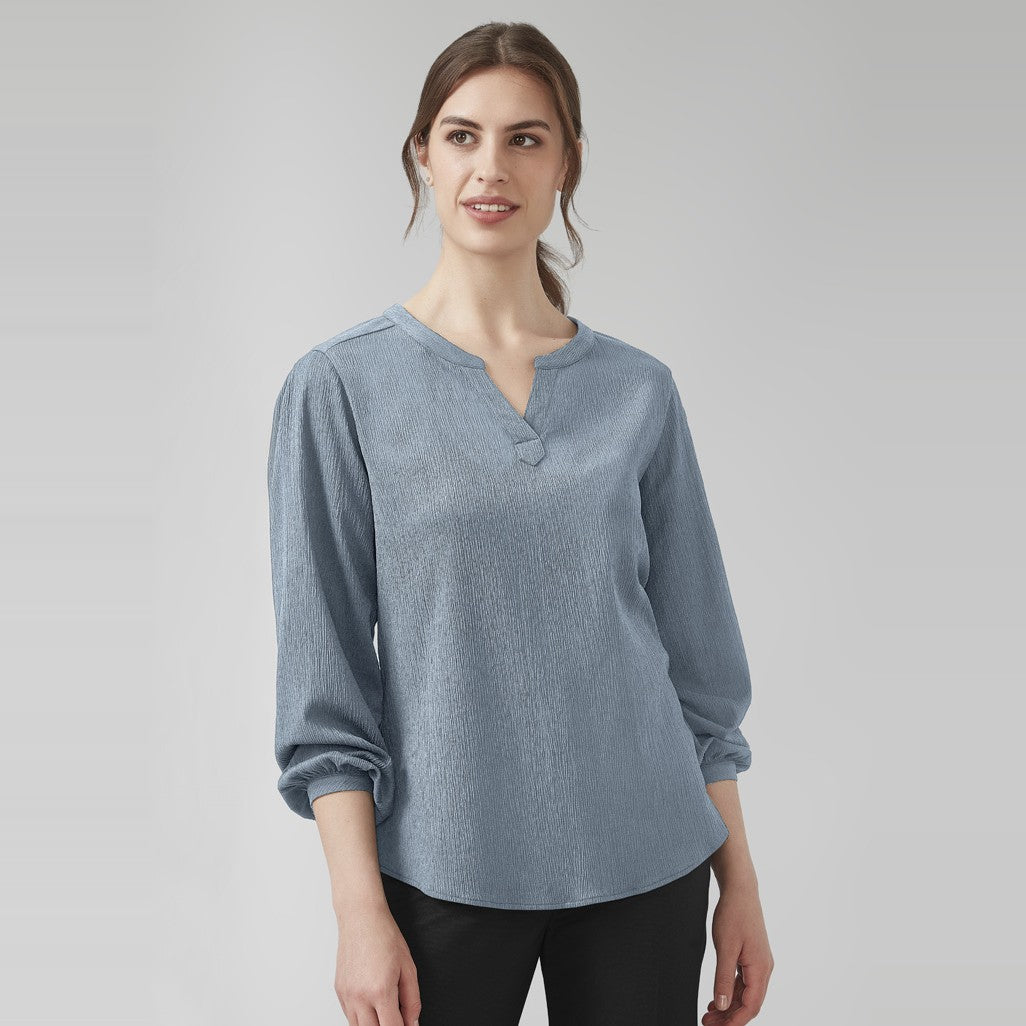 Biz Corporates Ruché Womens Long Sleeve Shirt RU568LL in Powder Blue, worn by model
