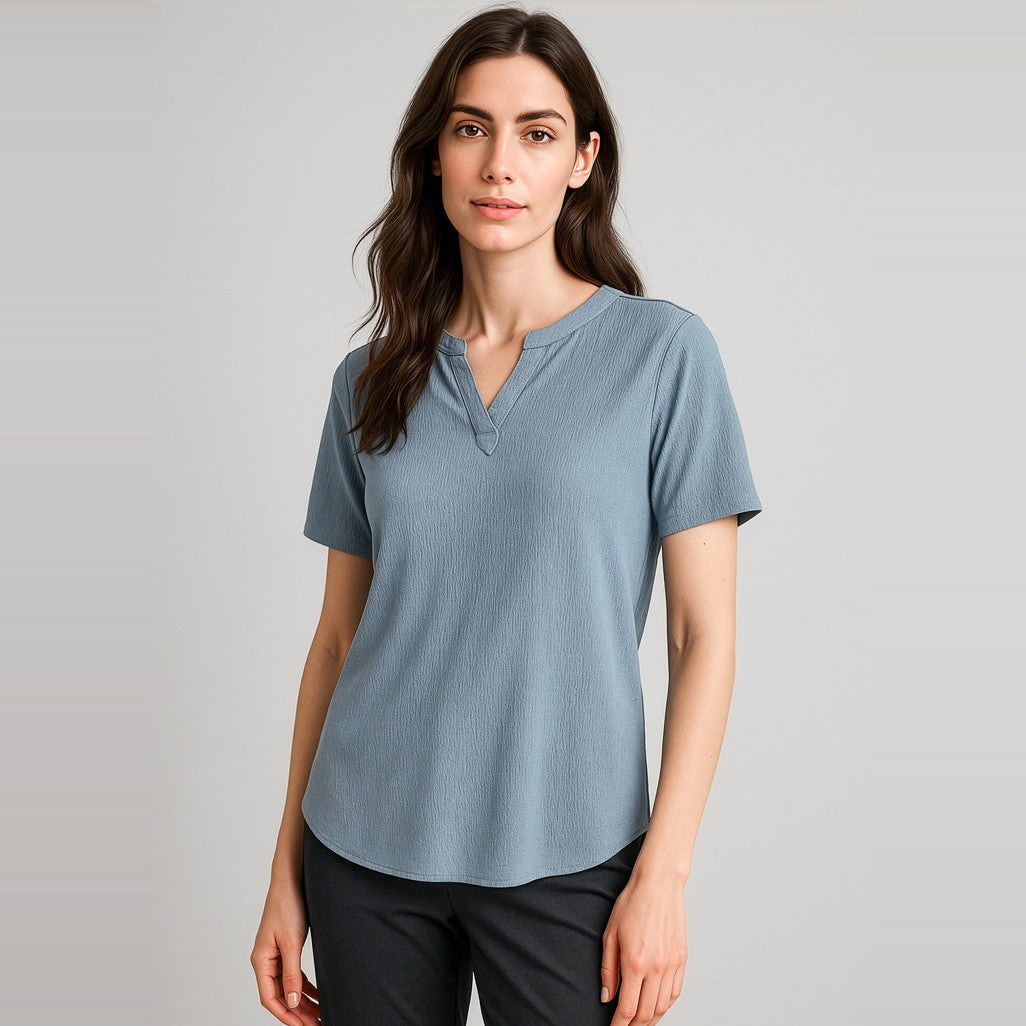 Biz Corporates Ruché Womens Short Sleeve Shirt RU568LS in Powder Blue, worn by model
