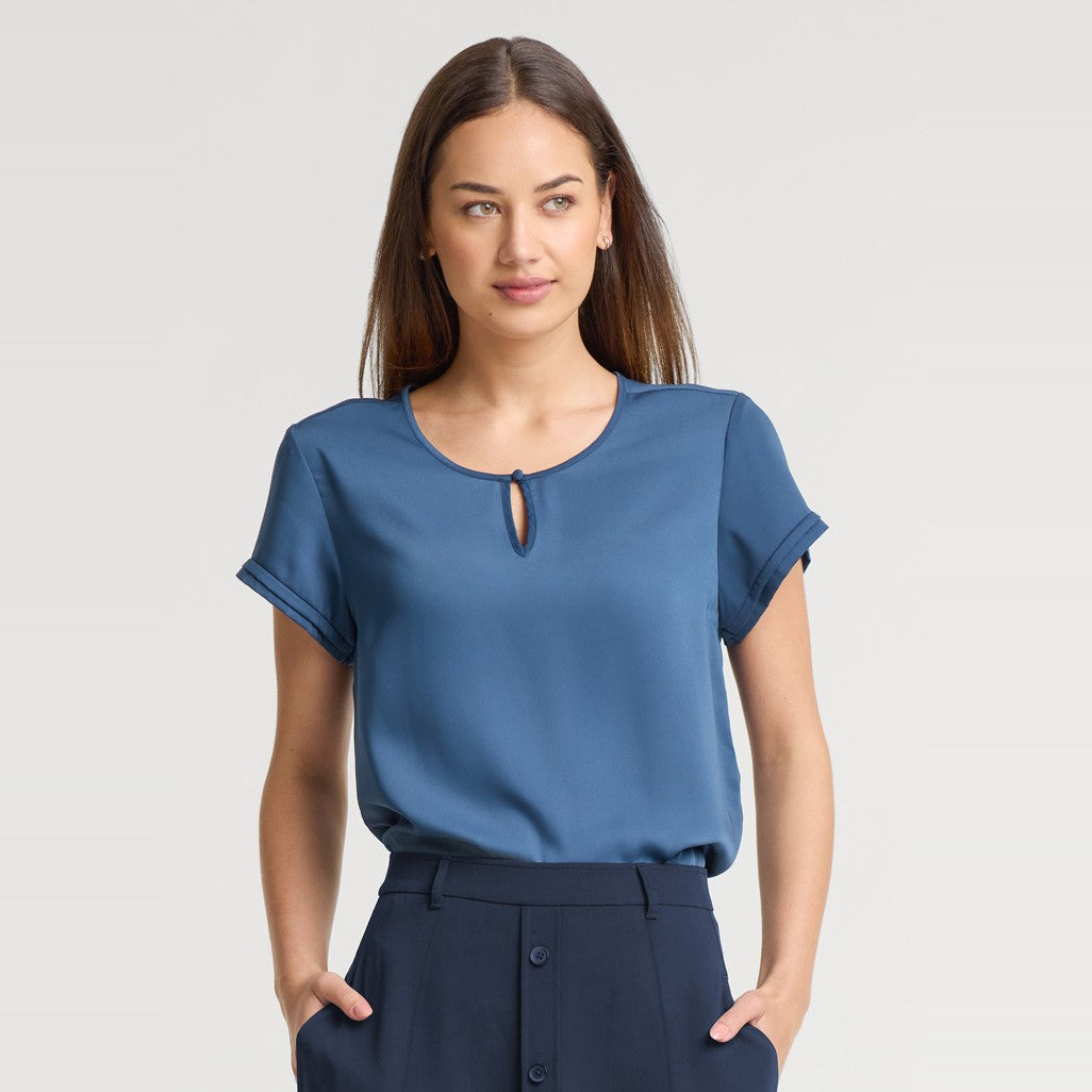 Biz Corporates Evelyn Womens Short Sleeve Blouse RU569LS in Mineral Blue, worn by model