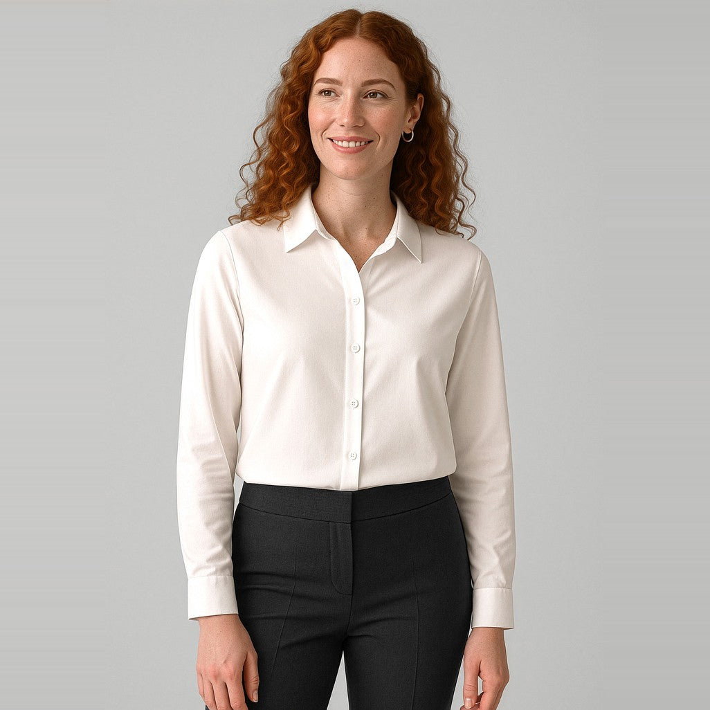 Biz Corporates Evelyn Womens Long Sleeve Shirt RU570LL in Ivory, worn by model