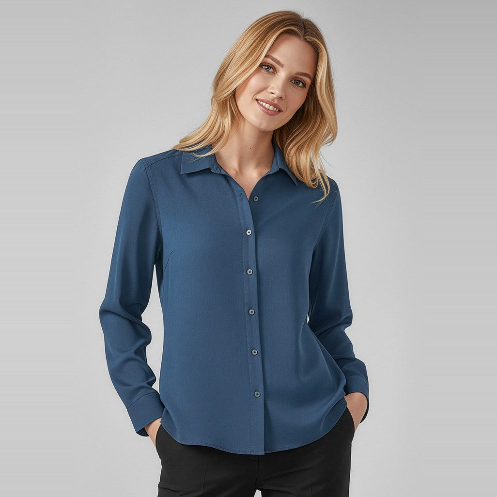 Biz Corporates Evelyn Womens Long Sleeve Shirt RU570LL in Mineral Blue, worn by model