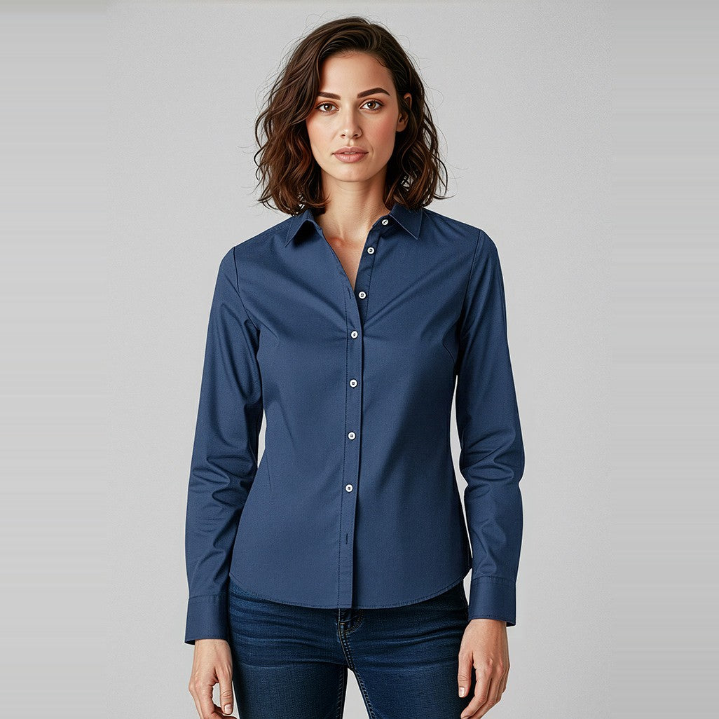 Biz Memphis Womens Long Sleeve Shirt S127LL in Mineral Blue, worn by model