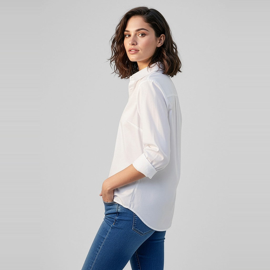 Biz Memphis Womens Long Sleeve Shirt S127LL in White, worn by model