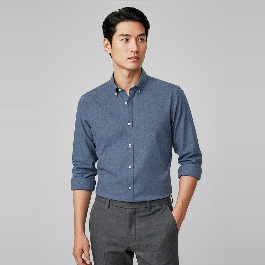 Biz Memphis Mens Long Sleeve Shirt S127ML in Grey Smoke, worn by model