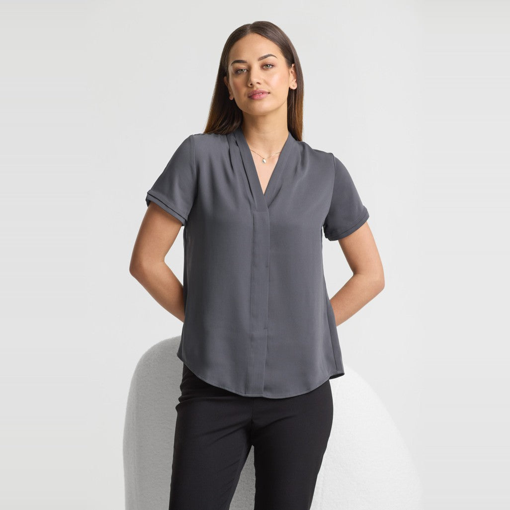 Biz Madison Womens Short Sleeve Shirt S628LS in Charcoal, worn by model