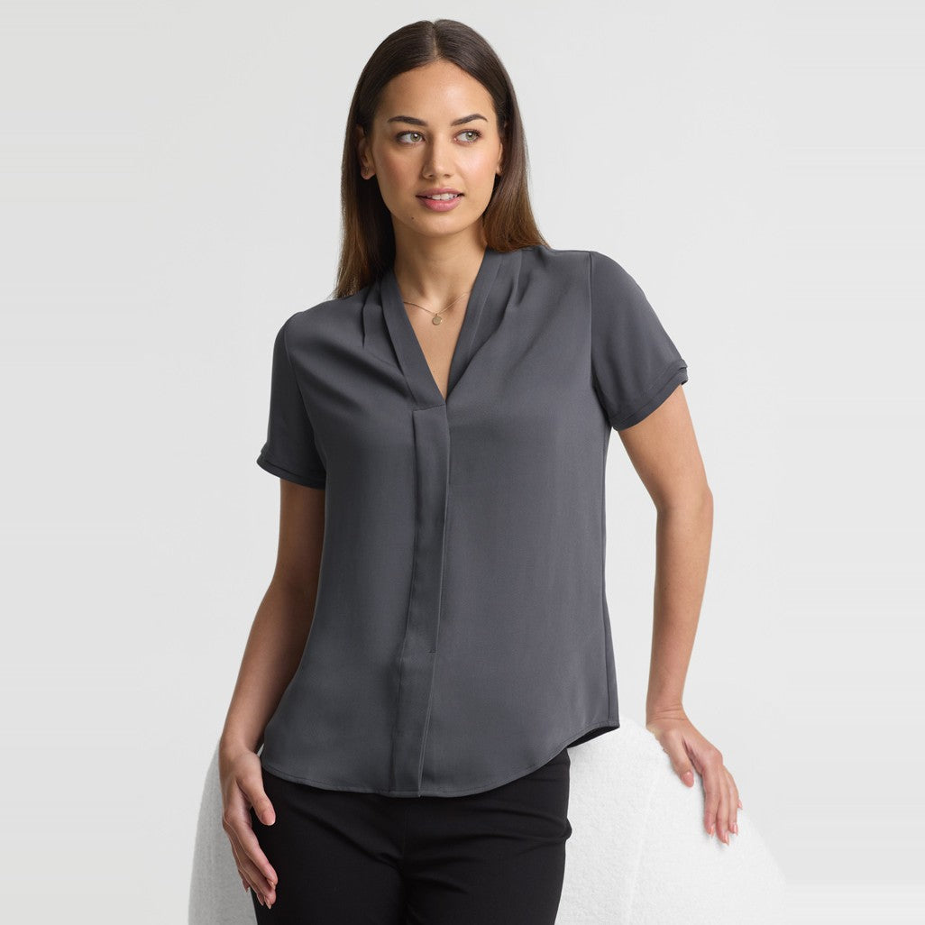 Biz Madison Womens Short Sleeve Shirt S628LS in Charcoal, worn by model, view 2