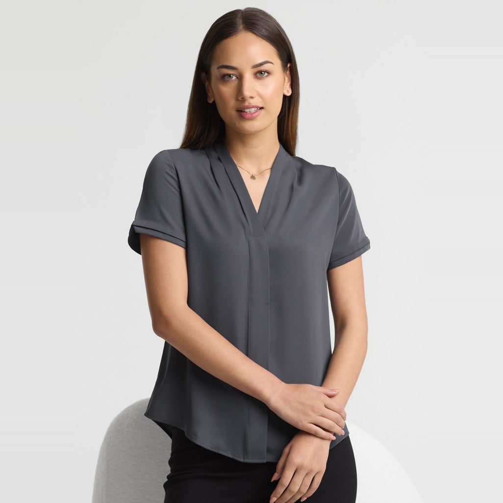 Biz Madison Womens Short Sleeve Shirt S628LS in Charcoal, worn by model, view 3