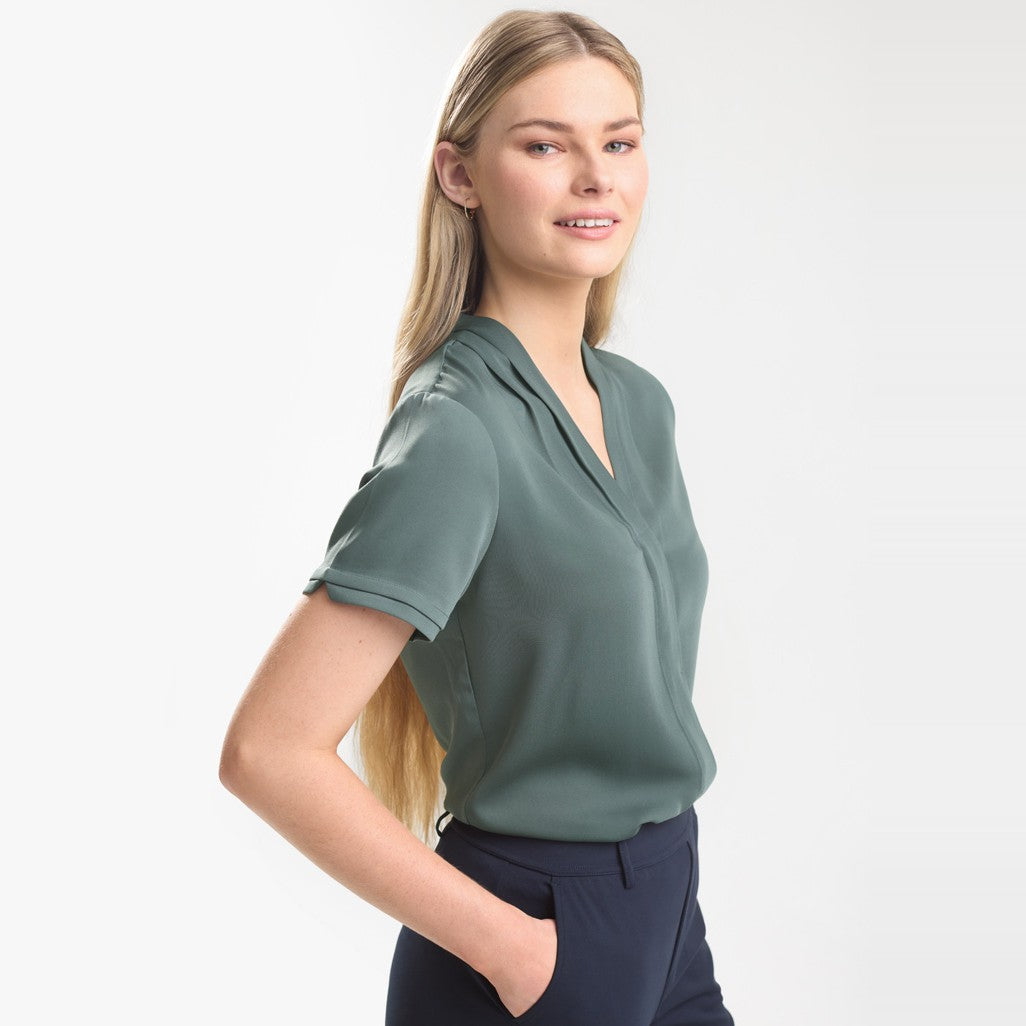 Biz Madison Womens Short Sleeve Shirt S628LS in Seafoam, worn by model, view 2