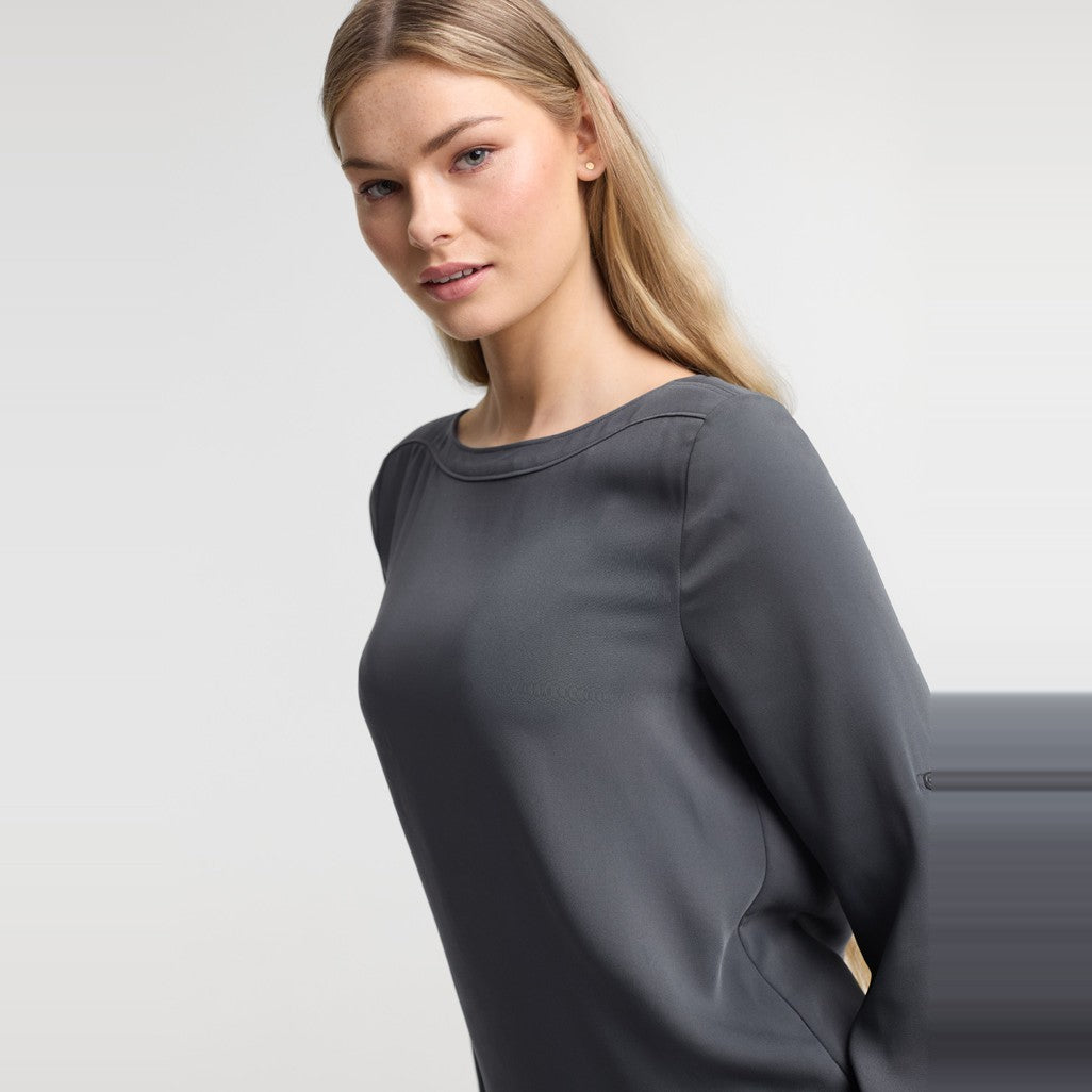 Biz Madison Womens Boatneck Top S828LL in Charcoal, worn by model, view 2