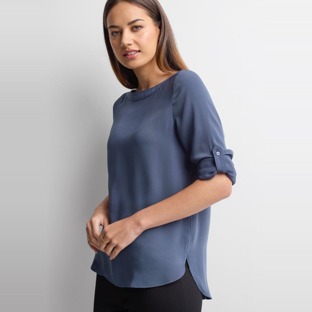 Biz Madison Womens Boatneck Top S828LL in Storm Blue, worn by model, view 2
