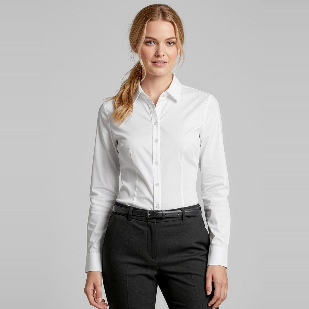 Biz Regent Womens Long Sleeve Shirt S912LL in White, worn by model