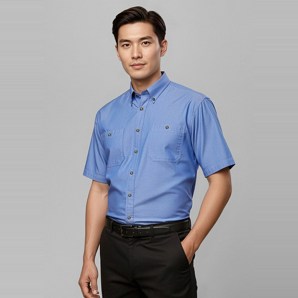 Biz Chambray Mens Short Sleeve Shirt SH113 in Chambray Blue, worn by model